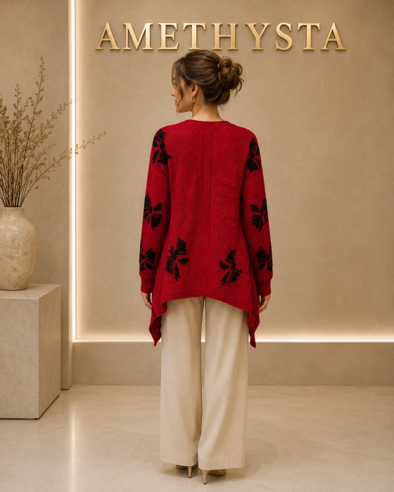 Cardigan dama rosu asimetric cu imprimeu negru [2]