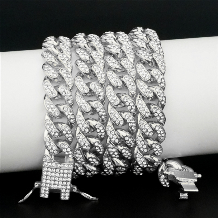 Colier Cuban, Cristal Zirconiu ICED OUT MIAMI lant zale 13mm, inchidere cu siguranta, din otel inoxidabil, Hip-Hop Style [2]