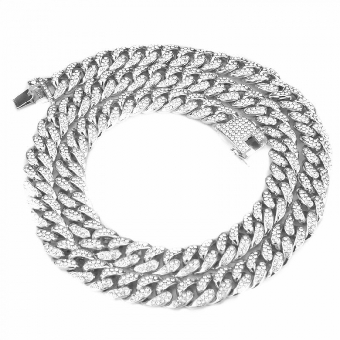 Colier Cuban, Cristal Zirconiu ICED OUT MIAMI lant zale 13mm, inchidere cu siguranta, din otel inoxidabil, Hip-Hop Style [3]