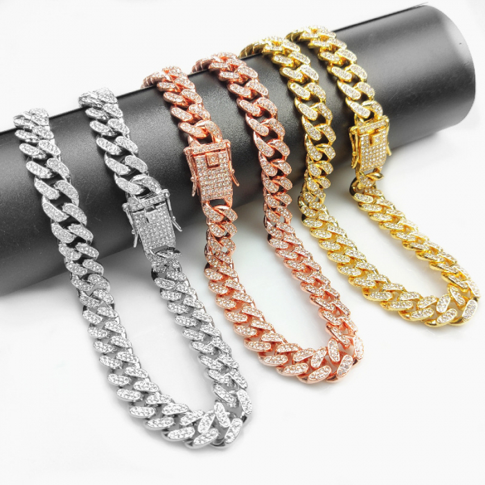 Colier Cuban, Cristal Zirconiu ICED OUT MIAMI lant zale 13mm, inchidere cu siguranta, din otel inoxidabil, Hip-Hop Style [5]