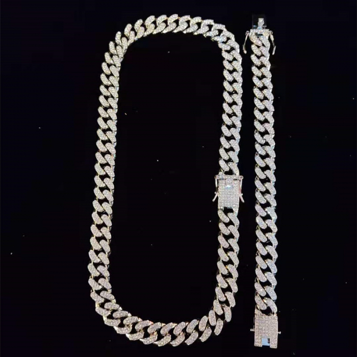 Colier Cuban, Cristal Zirconiu ICED OUT MIAMI lant zale 13mm, inchidere cu siguranta, din otel inoxidabil, Hip-Hop Style [6]