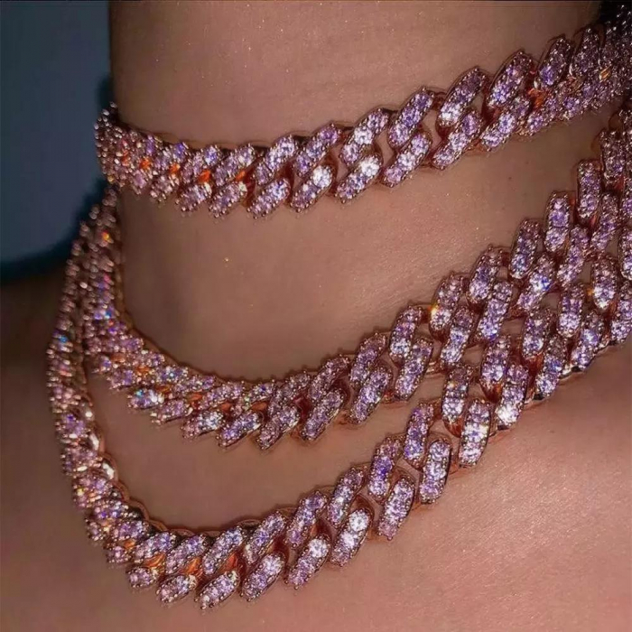 Colier Cuban, Cristal Zirconiu ICED OUT MIAMI lant zale 13mm, inchidere cu siguranta, din otel inoxidabil placat cu aur, Hip-Hop Style [19]