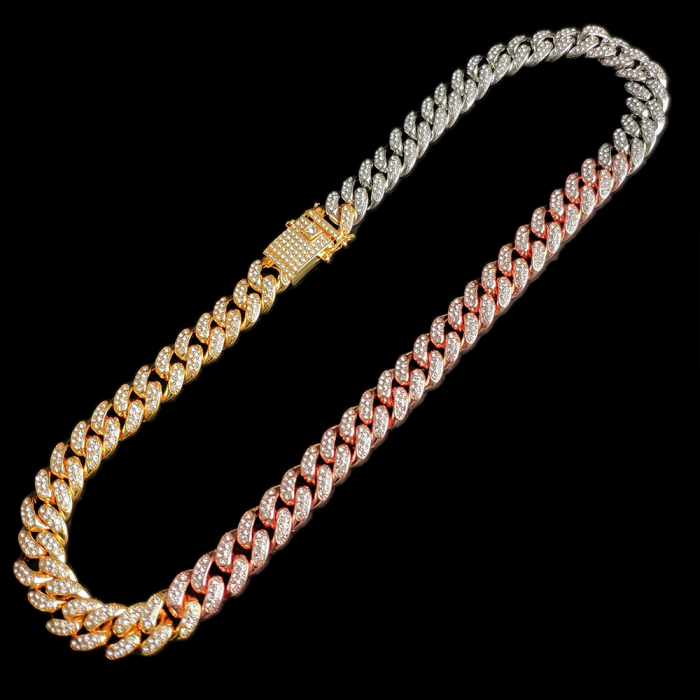 Colier Cuban, Cristal Zirconiu ICED OUT MIAMI lant zale 13mm, inchidere cu siguranta, din otel inoxidabil placat cu aur, Hip-Hop Style [7]