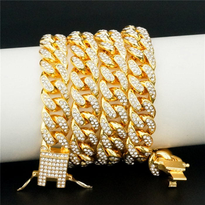 Colier Cuban, Cristal Zirconiu ICED OUT MIAMI lant zale 13mm, inchidere cu siguranta, din otel inoxidabil placat cu aur, Hip-Hop Style [3]