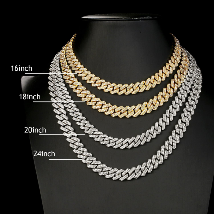 Colier Cuban, Cristal Zirconiu ICED OUT MIAMI lant zale 13mm, inchidere cu siguranta, din otel inoxidabil placat cu aur, Hip-Hop Style [15]