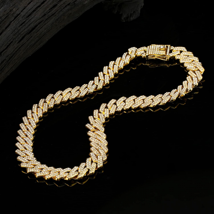 Colier Cuban, Cristal Zirconiu ICED OUT MIAMI lant zale 13mm, inchidere cu siguranta, din otel inoxidabil placat cu aur, Hip-Hop Style [11]