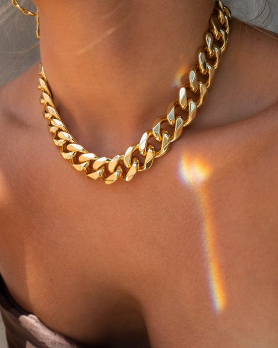Colier Cuban, Cristal Zirconiu ICED OUT MIAMI lant zale 13mm, inchidere cu siguranta, din otel inoxidabil placat cu aur, Hip-Hop Style [9]