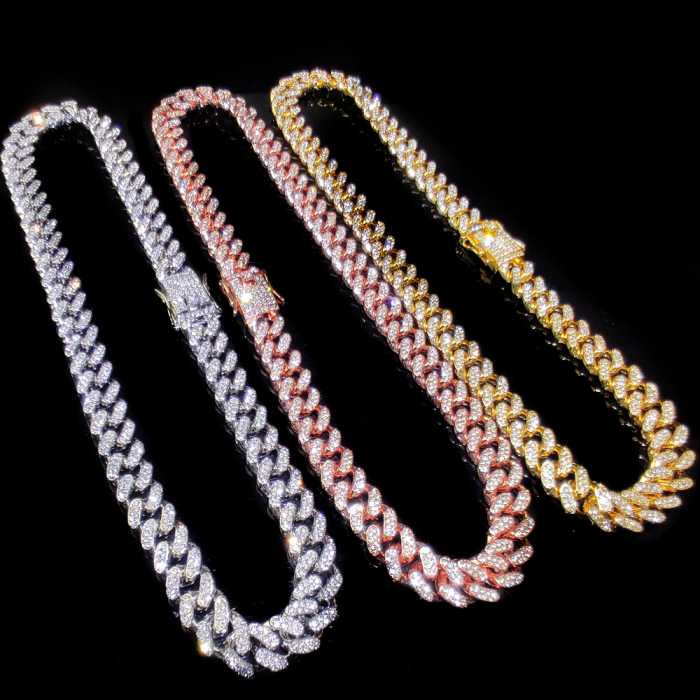 Colier Cuban, Cristal Zirconiu ICED OUT MIAMI lant zale 13mm, inchidere cu siguranta, din otel inoxidabil placat cu aur, Hip-Hop Style [8]