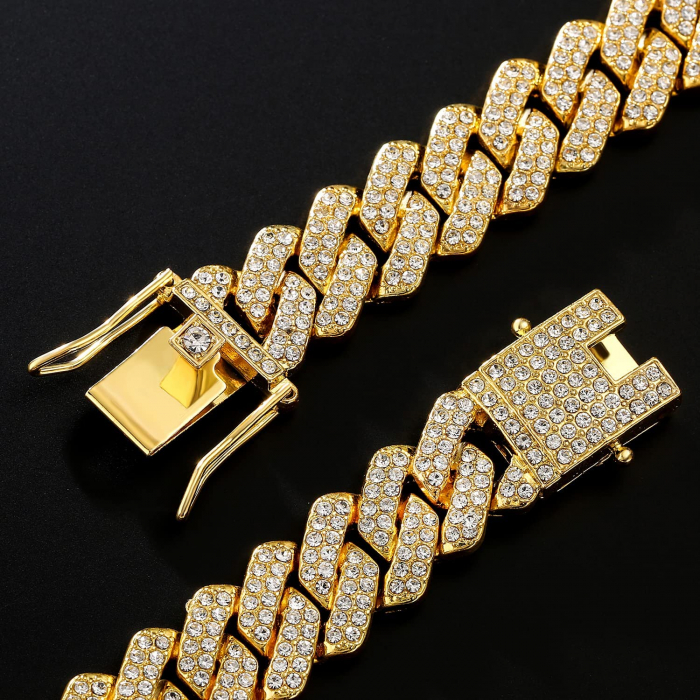 Colier Cuban, Cristal Zirconiu ICED OUT MIAMI lant zale 13mm, inchidere cu siguranta, din otel inoxidabil placat cu aur, Hip-Hop Style [12]