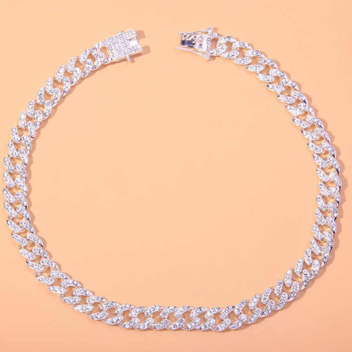 Colier Cuban, Cristal Zirconiu ICED OUT MIAMI lant zale 13mm, inchidere cu siguranta, din otel inoxidabil placat cu aur, Hip-Hop Style [21]