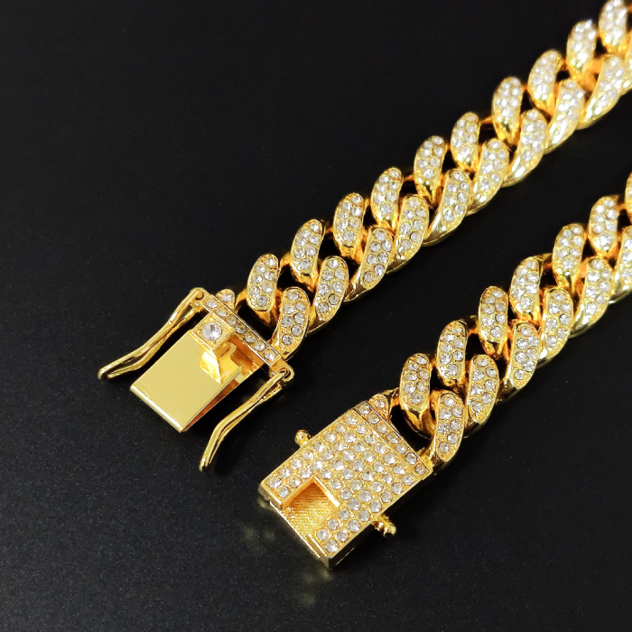 Colier Cuban, Cristal Zirconiu ICED OUT MIAMI lant zale 13mm, inchidere cu siguranta, din otel inoxidabil placat cu aur, Hip-Hop Style [6]