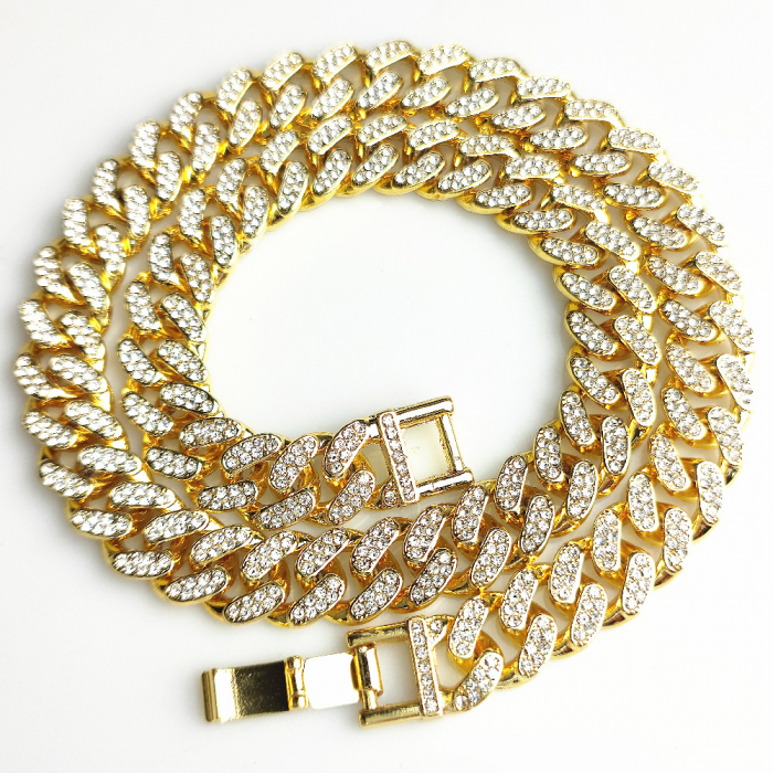 Colier Cuban, Cristal Zirconiu ICED OUT MIAMI lant zale 13mm, inchidere cu siguranta, din otel inoxidabil placat cu aur, Hip-Hop Style [2]