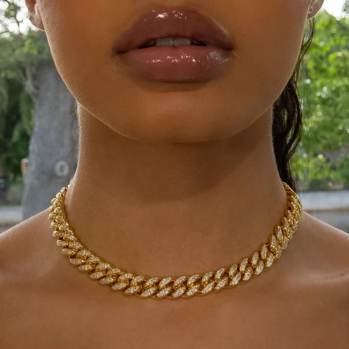 Colier Cuban, Cristal Zirconiu ICED OUT MIAMI lant zale 13mm, inchidere cu siguranta, din otel inoxidabil placat cu aur, Hip-Hop Style [18]