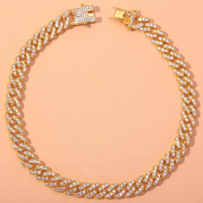 Colier Cuban, Cristal Zirconiu ICED OUT MIAMI lant zale 13mm, inchidere cu siguranta, din otel inoxidabil placat cu aur, Hip-Hop Style [1]