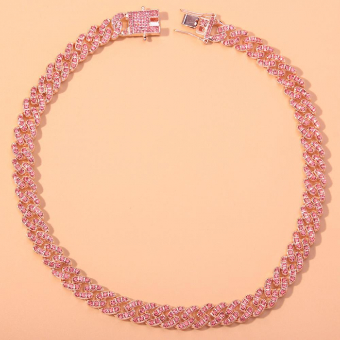 Colier Cuban, Cristal Zirconiu ICED OUT MIAMI lant zale 13mm, inchidere cu siguranta, din otel inoxidabil placat cu aur, Hip-Hop Style [20]