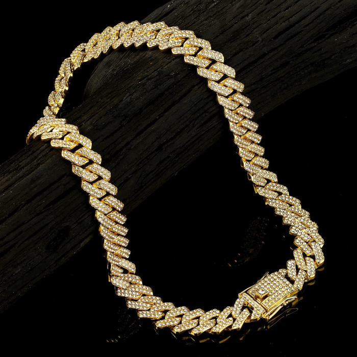 Colier Cuban, Cristal Zirconiu ICED OUT MIAMI lant zale 13mm, inchidere cu siguranta, din otel inoxidabil placat cu aur, Hip-Hop Style [13]