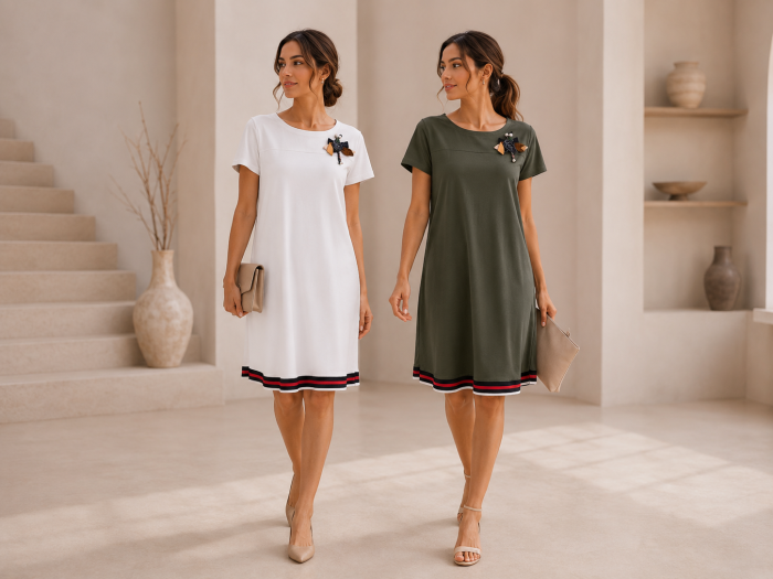 Rochie din bumbac cu croi lejer, maneca scurta si brosa decorativa [4]