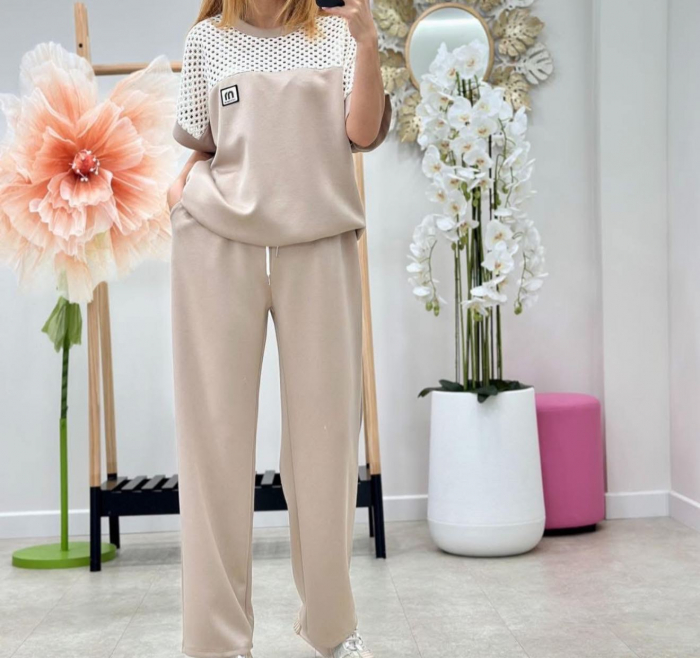Compleu casual dama cu bluza perforata si pantaloni largi – vascoza cu elastan, talie unica, mai multe culori [2]