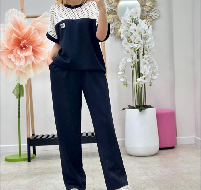 Compleu casual dama cu bluza perforata si pantaloni largi – vascoza cu elastan, talie unica, mai multe culori [3]