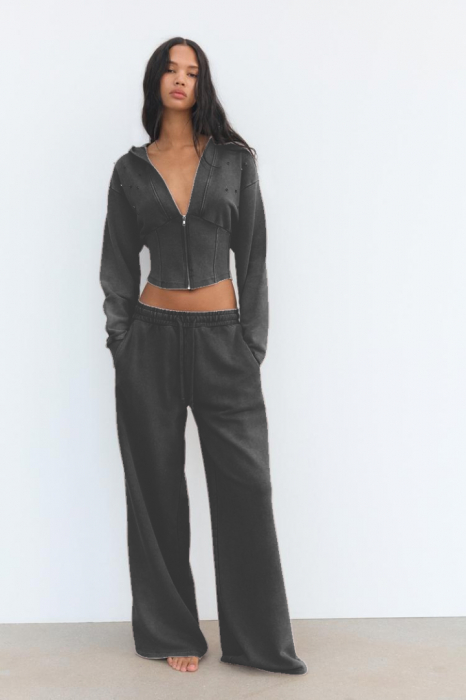 Compleu dama 2 piese din bumbac organic, set trening casual cu bluza cu gluga si pantaloni cu talie inalta [1]