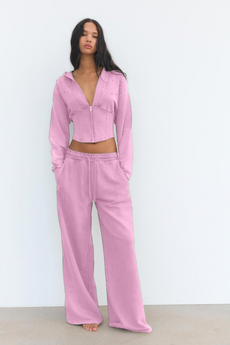 Compleu dama 2 piese din bumbac organic, set trening casual cu bluza cu gluga si pantaloni cu talie inalta [1]