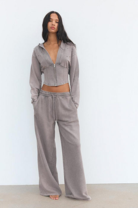 Compleu dama 2 piese din bumbac organic, set trening casual cu bluza cu gluga si pantaloni cu talie inalta [1]
