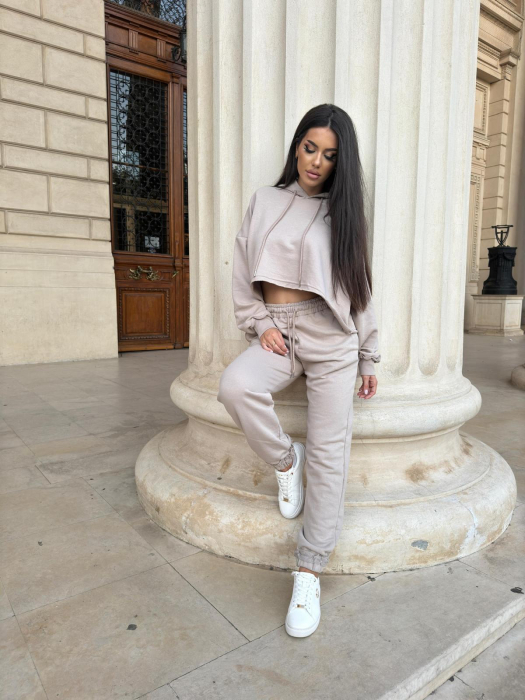 Compleu Dama 2 Piese din Bumbac - Set 2 Piese Hanorac Crop si Pantaloni [40]