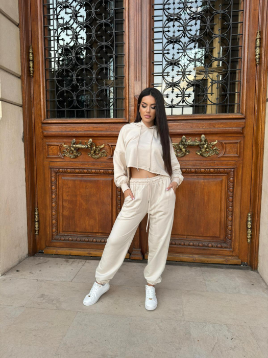 Compleu Dama 2 Piese din Bumbac - Set 2 Piese Hanorac Crop si Pantaloni [44]