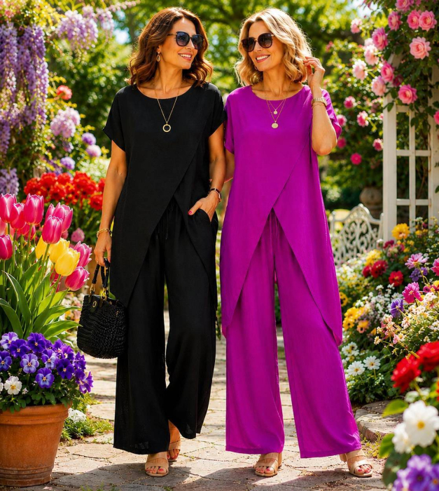Compleu dama casual cu pantaloni largi si bluza asimetrica talie unica [5]