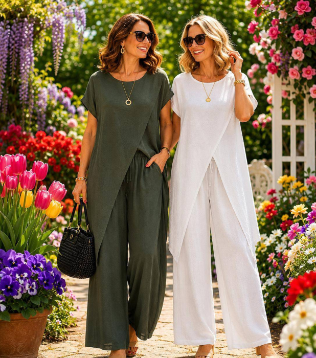 Compleu dama casual cu pantaloni largi si bluza asimetrica talie unica [3]