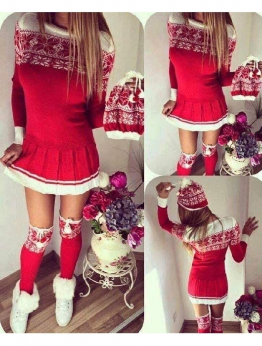 Compleu Dama de Sarbatori - Craciunita Set Fusta Pulover Ciorapi si Caciula [4]