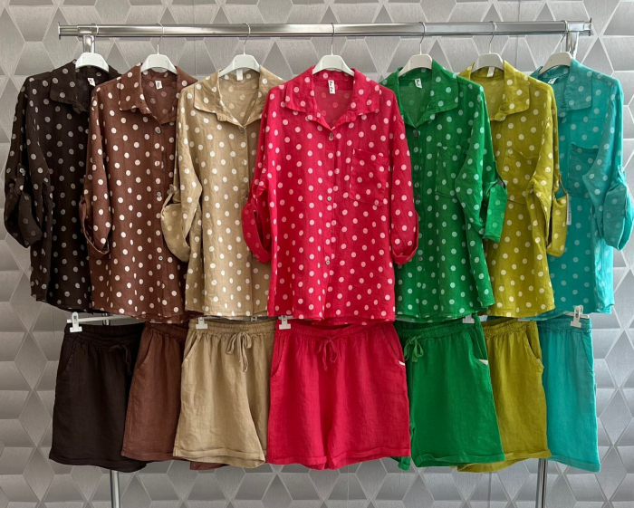 Compleu dama din 100% in cu camasa cu buline si pantaloni scurti [3]