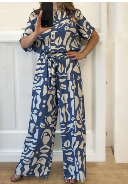 Compleu dama din vascoza cu imprimeu abstract, camasa lejera si pantaloni palazzo, marime universala [3]
