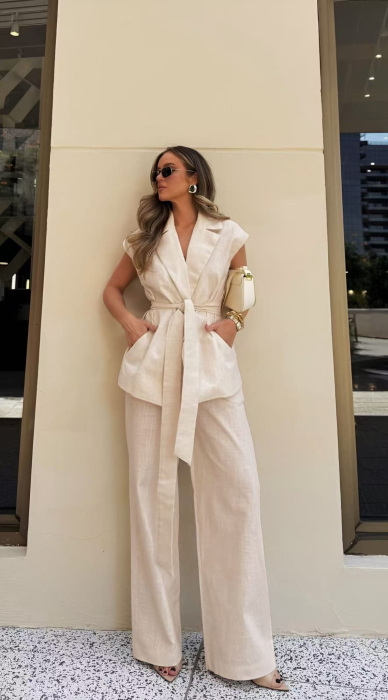 Compleu dama elegant din doua piese cu vesta tip sacou si pantaloni largi [3]