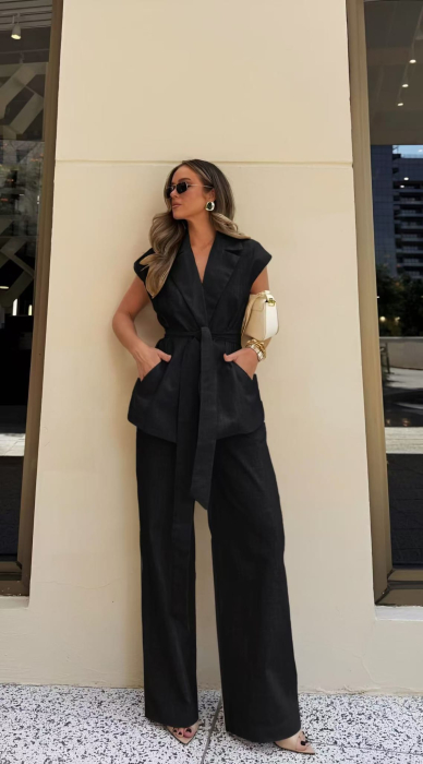 Compleu dama elegant din doua piese cu vesta tip sacou si pantaloni largi [9]