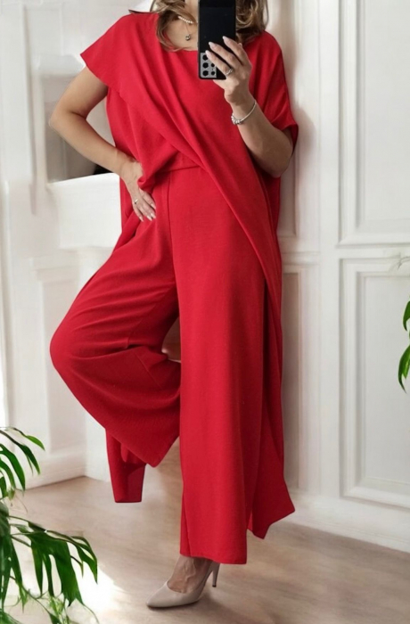 Compleu dama elegant suprapus, cu pantaloni largi si bluza asimetrica – rosu sau fucsia [1]