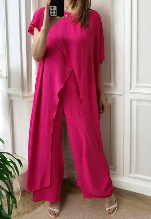 Compleu dama elegant suprapus, cu pantaloni largi si bluza asimetrica – rosu sau fucsia [1]