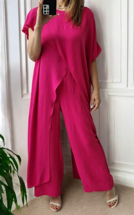 Compleu dama elegant suprapus, cu pantaloni largi si bluza asimetrica – rosu sau fucsia [2]