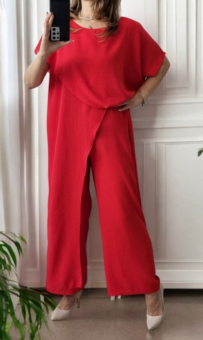 Compleu dama elegant suprapus, cu pantaloni largi si bluza asimetrica – rosu sau fucsia [2]