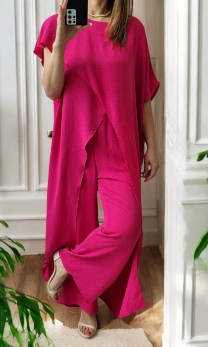 Compleu dama elegant suprapus, cu pantaloni largi si bluza asimetrica – rosu sau fucsia [3]