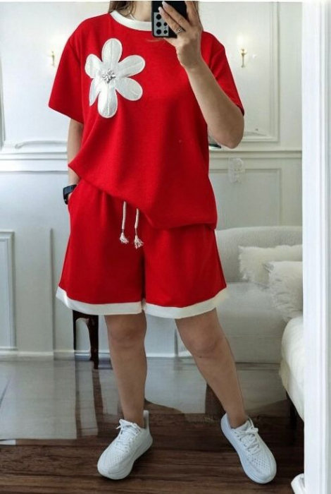 Compleu dama oversized cu imprimeu floare, set lejer cu pantaloni scurti si tricou, marime universala S-XL [1]