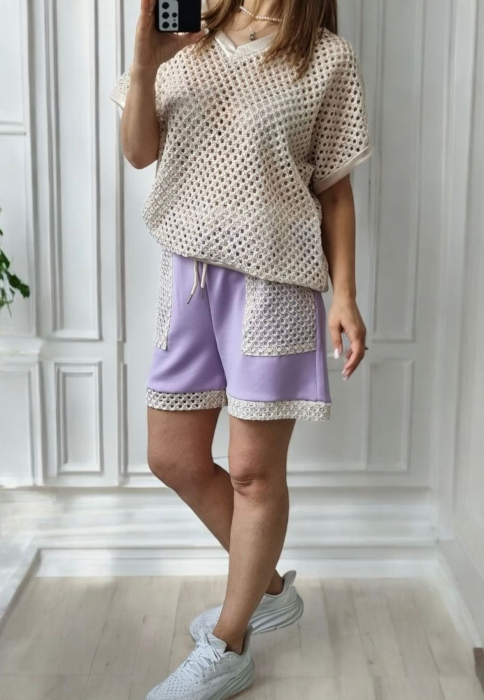Compleu Dama Plasa Oversized – Set Pantaloni Scurti si Tricou cu Gaurele [2]