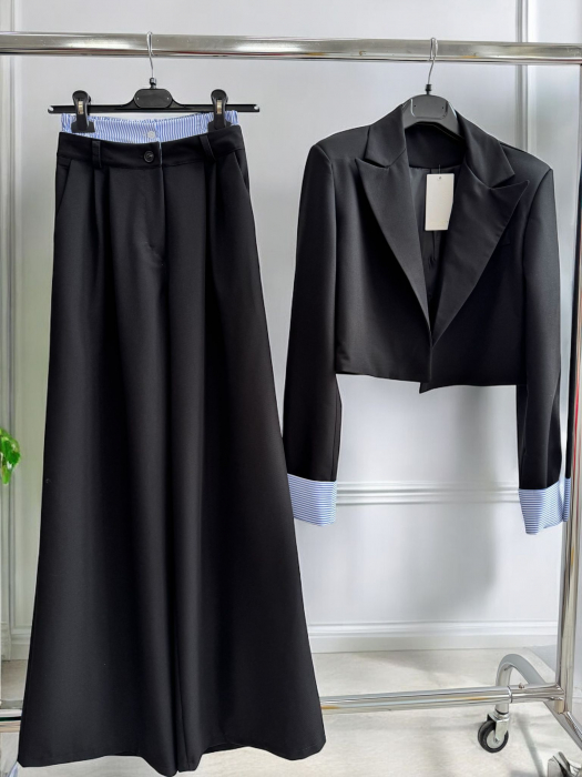 Compleu dama premium sacou crop si pantaloni wide leg eleganti, negru [4]