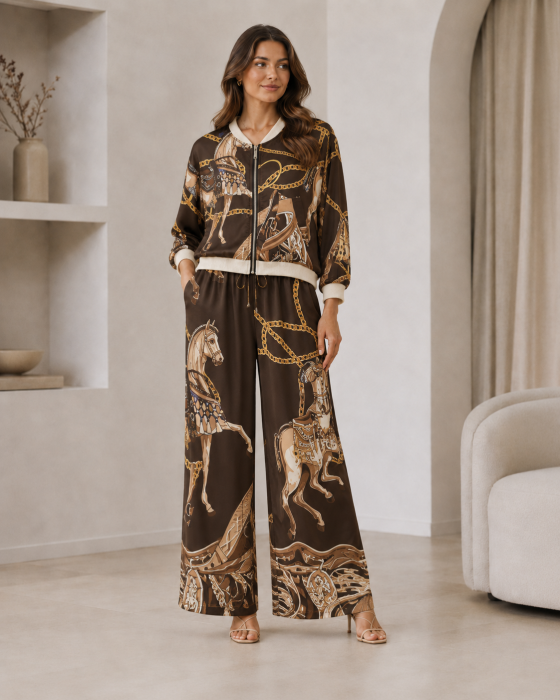 Compleu dama satinat cu imprimeu artistic, jacheta bomber si pantaloni largi [7]