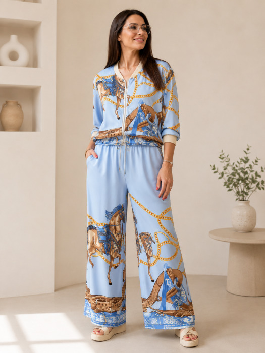 Compleu dama satinat cu imprimeu artistic, jacheta bomber si pantaloni largi [8]