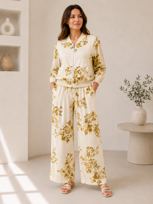 Compleu dama satinat cu imprimeu artistic, jacheta bomber si pantaloni largi [20]