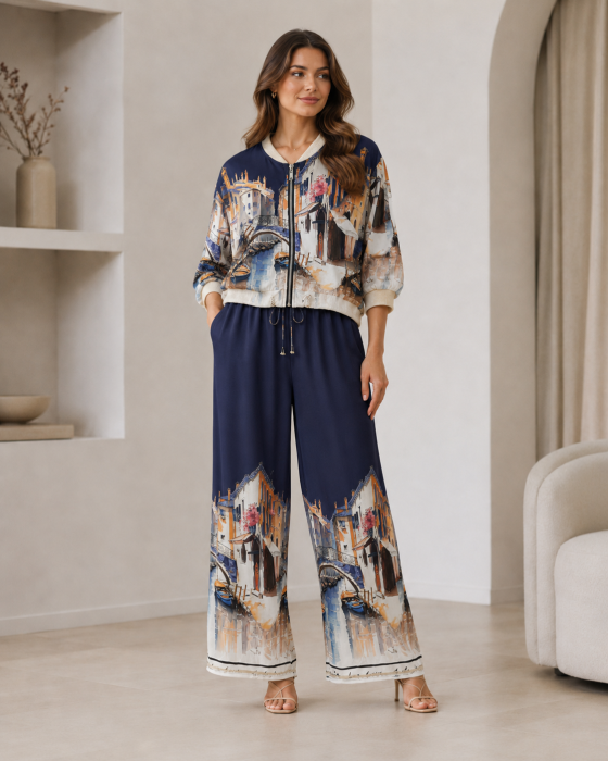 Compleu dama satinat cu imprimeu artistic, jacheta bomber si pantaloni largi [21]
