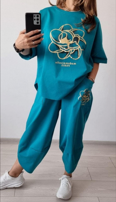 Compleu dama trening sport pantaloni si bluza - PREMIUM COTTON - Imprimeu auriu [2]