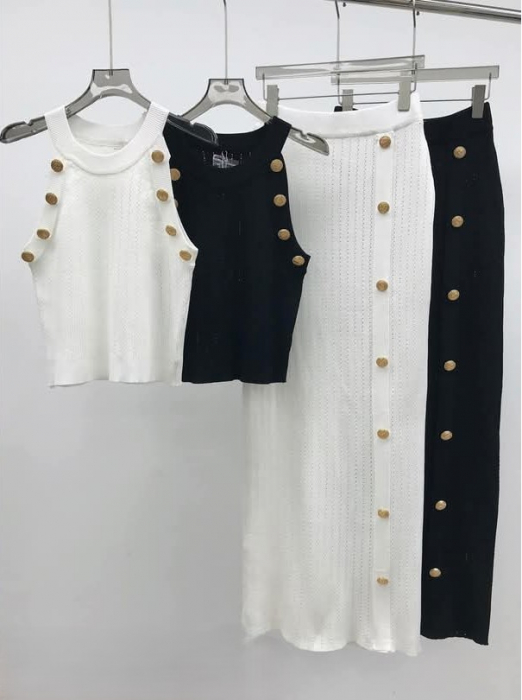 Set Dama Tricotat – Top Cropped & Fustă Maxi, Detalii Aurii, Made in Italy - ALN [3]