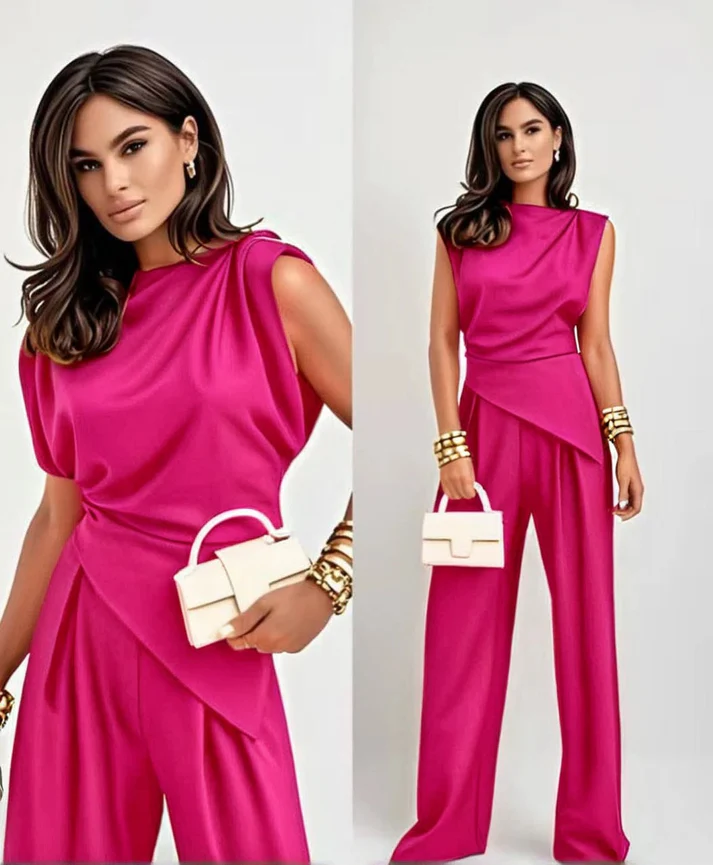 Compleu elegant dama din crep elastic – Bluza asimetrica fara maneci & pantaloni evazati [1]